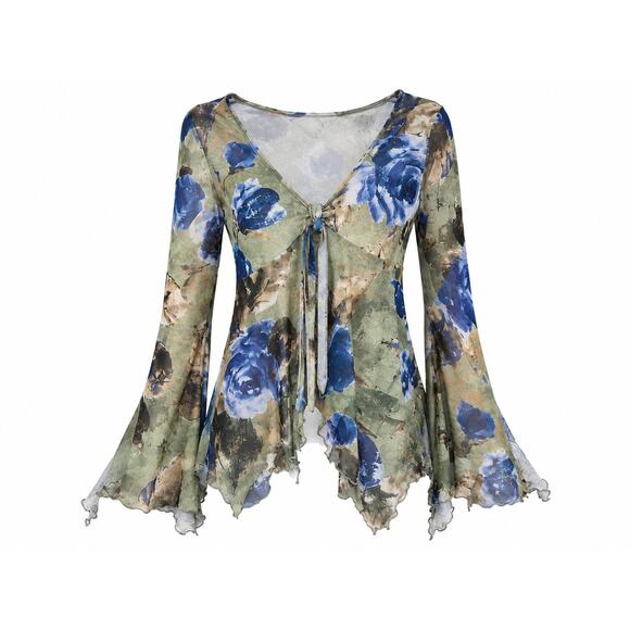 its our time Tops - VNT Sheer Floral Shirt Womans M Tie Bell Sleeve Handkerchief Hem Boho Fairycore